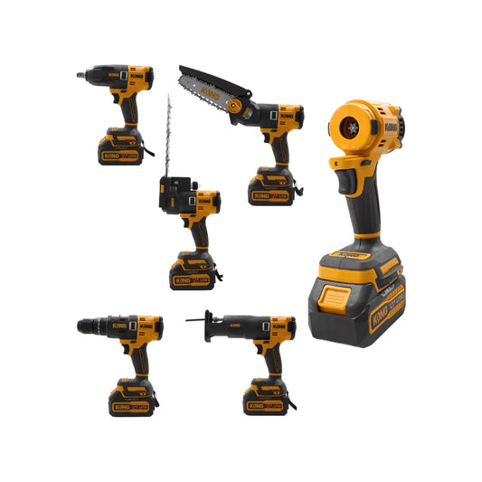 Kit multiherramienta KONG amarillo: taladro, motosierra, sierra sable y llave de impacto inalámbrica con batería de litio