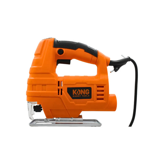 Sierra caladora eléctrica Kong Handy Tools naranja con mango ergonómico y base metálica para carpintería.