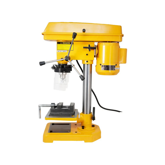 Taladro de banco profesional color amarillo con prensa plana y base metálica para perforaciones de precisión.