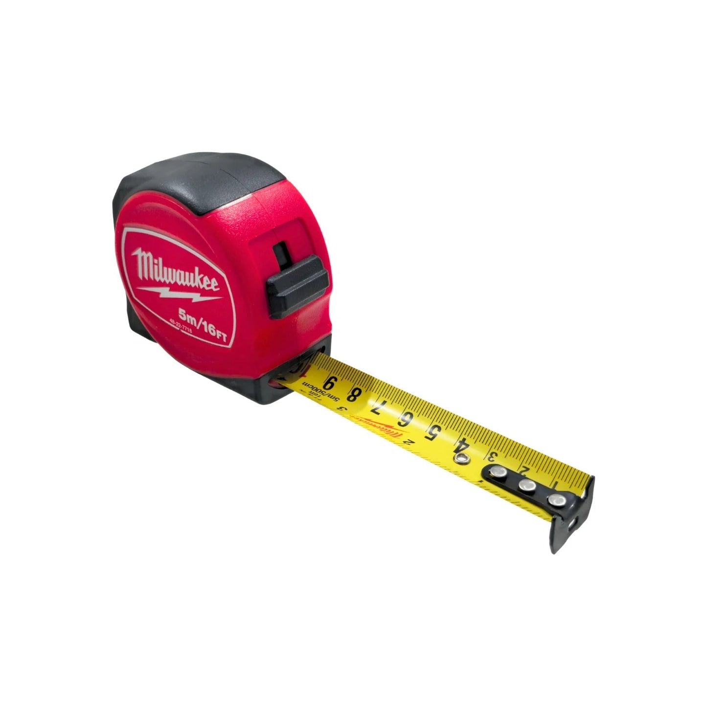 Flexómetro Milwaukee rojo y negro 5m/16ft, cinta métrica profesional amarilla 48-22-7718 para medición de obra.