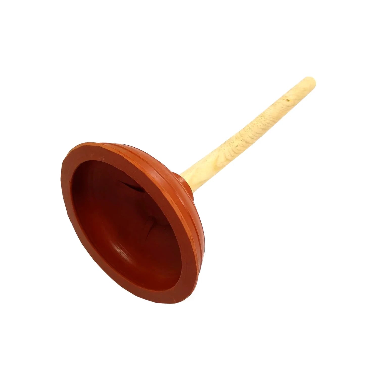 Bomba de baño de hule grande color café con mango de madera, para desatascar inodoros