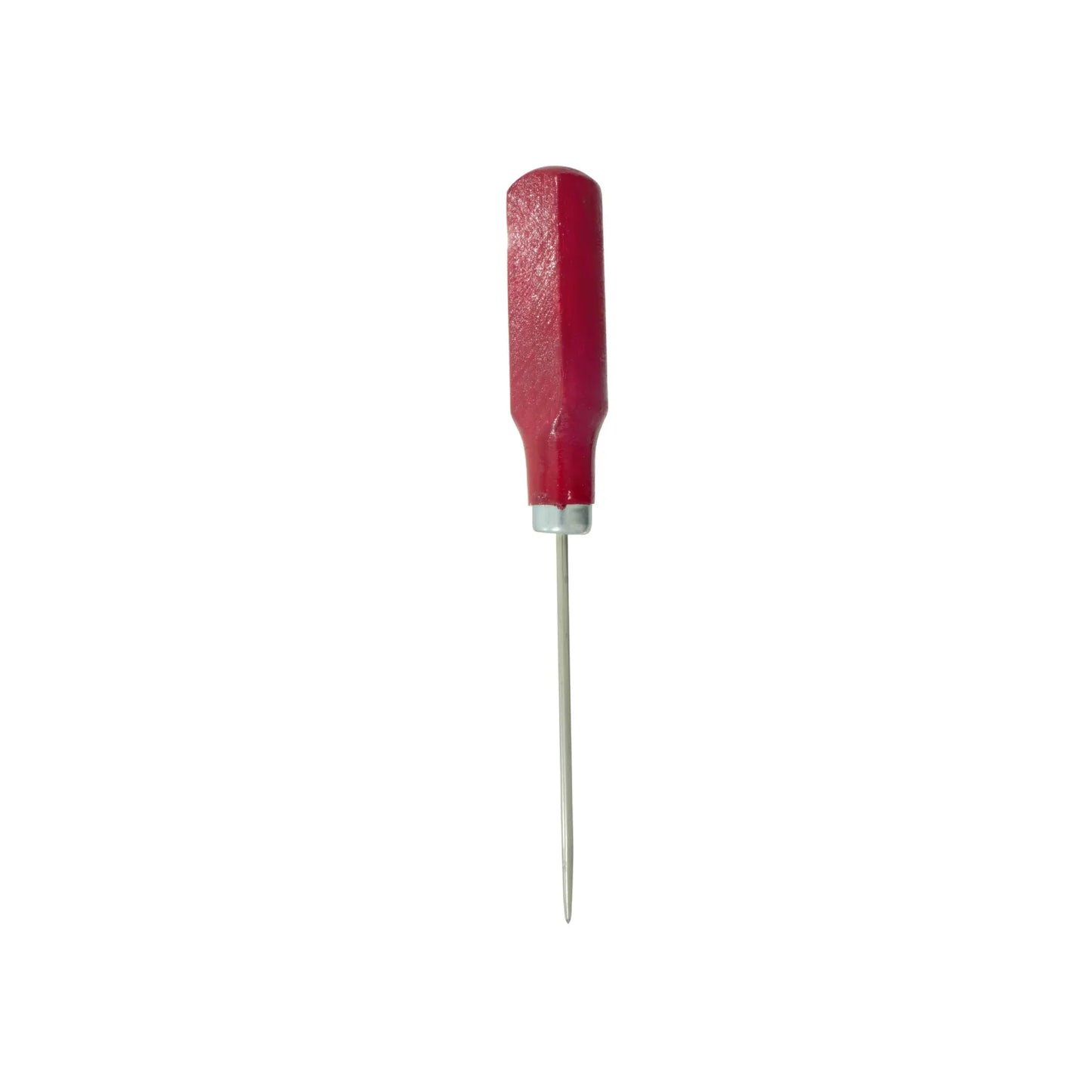 Punzón con mango rojo y punta de acero para marcar madera o metal en trabajos de bricolaje y carpintería.