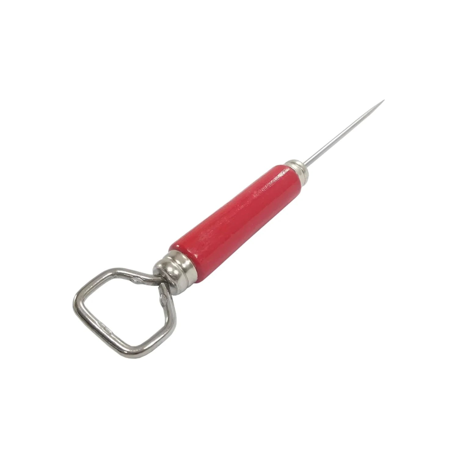 Picahielo con destapador de botellas, mango rojo y punta afilada de acero