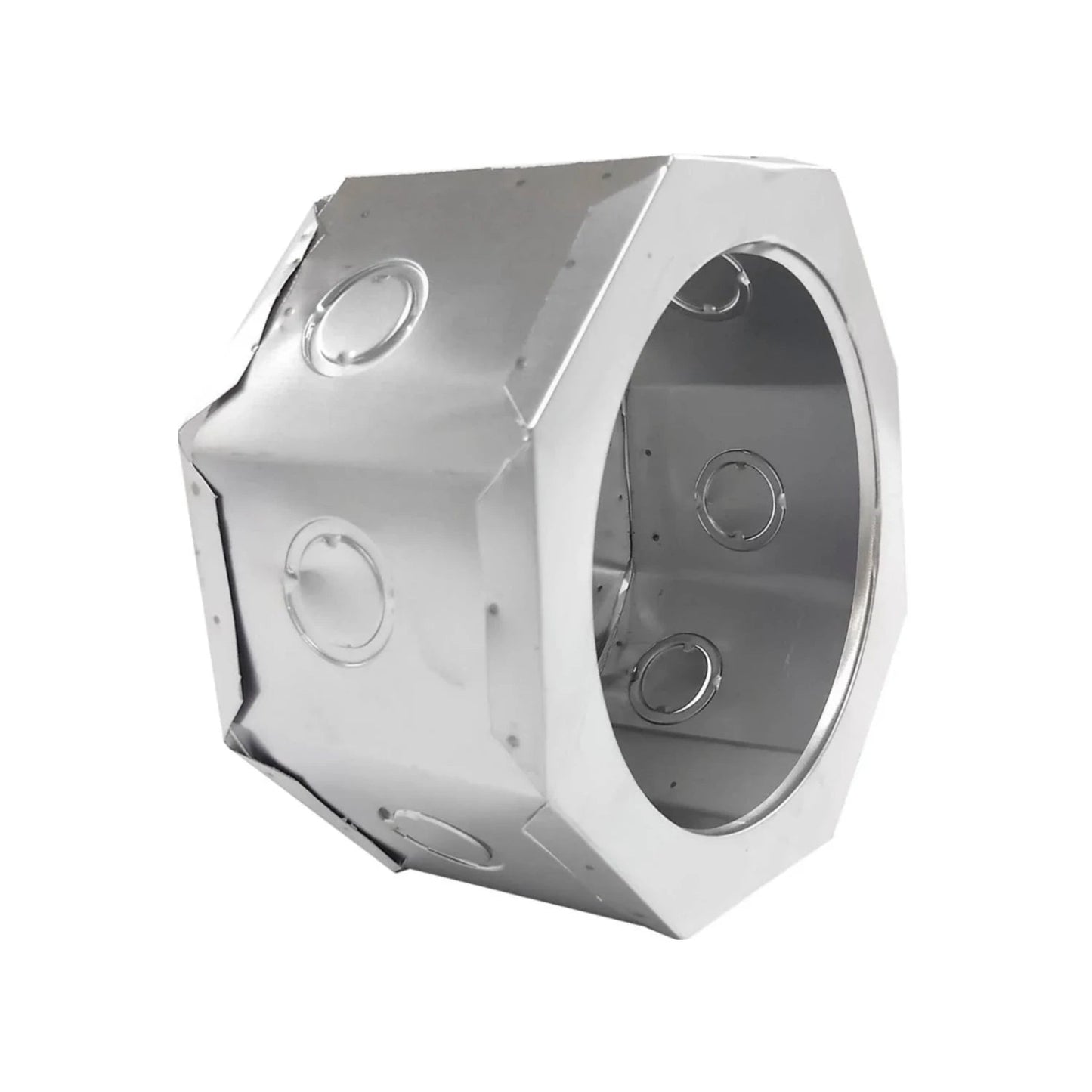 Caja de registro octagonal metálica galvanizada con múltiples entradas para instalaciones eléctricas.