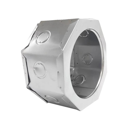 Caja de registro octagonal metálica galvanizada con múltiples entradas para instalaciones eléctricas.