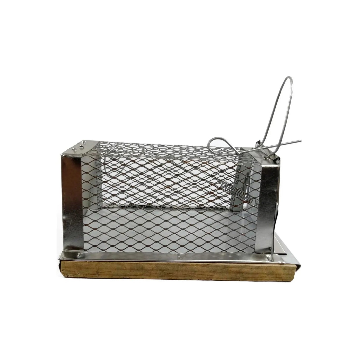 Trampa de jaula para ratones, pequeña, de metal galvanizado con rejilla de alambre y base de madera.