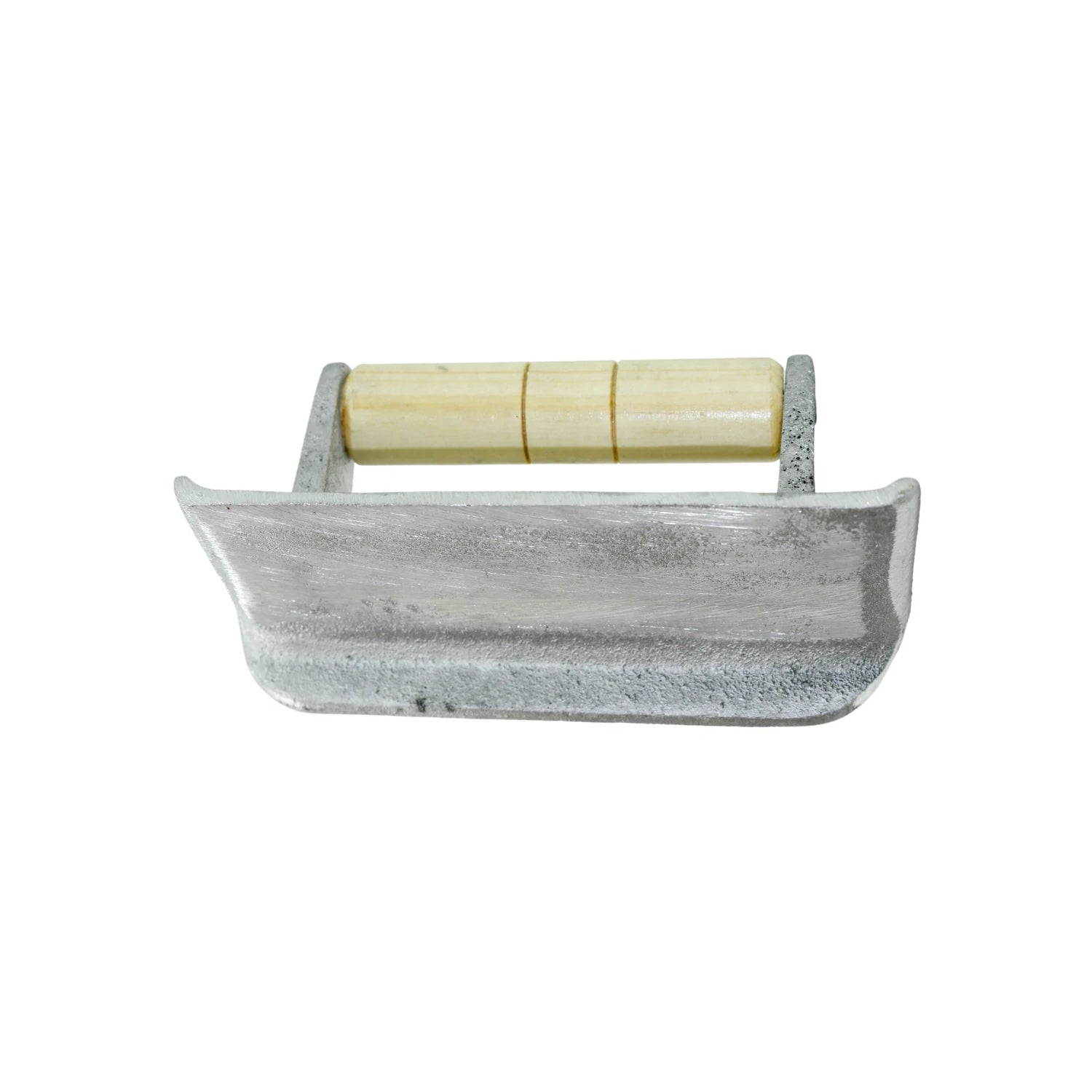 Volteador de aluminio para cemento, herramienta manual con mango de madera para alisar y nivelar superficies de hormigón.