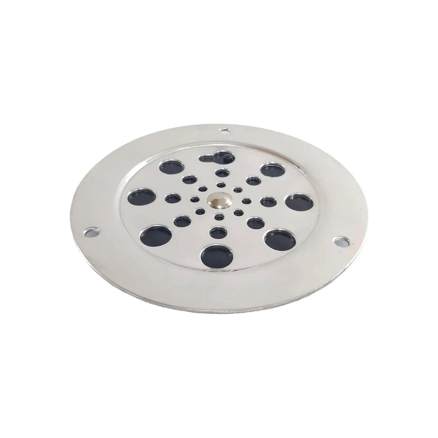 Rejilla de coladera de aluminio circular con orificios negros, acabado plateado brillante.