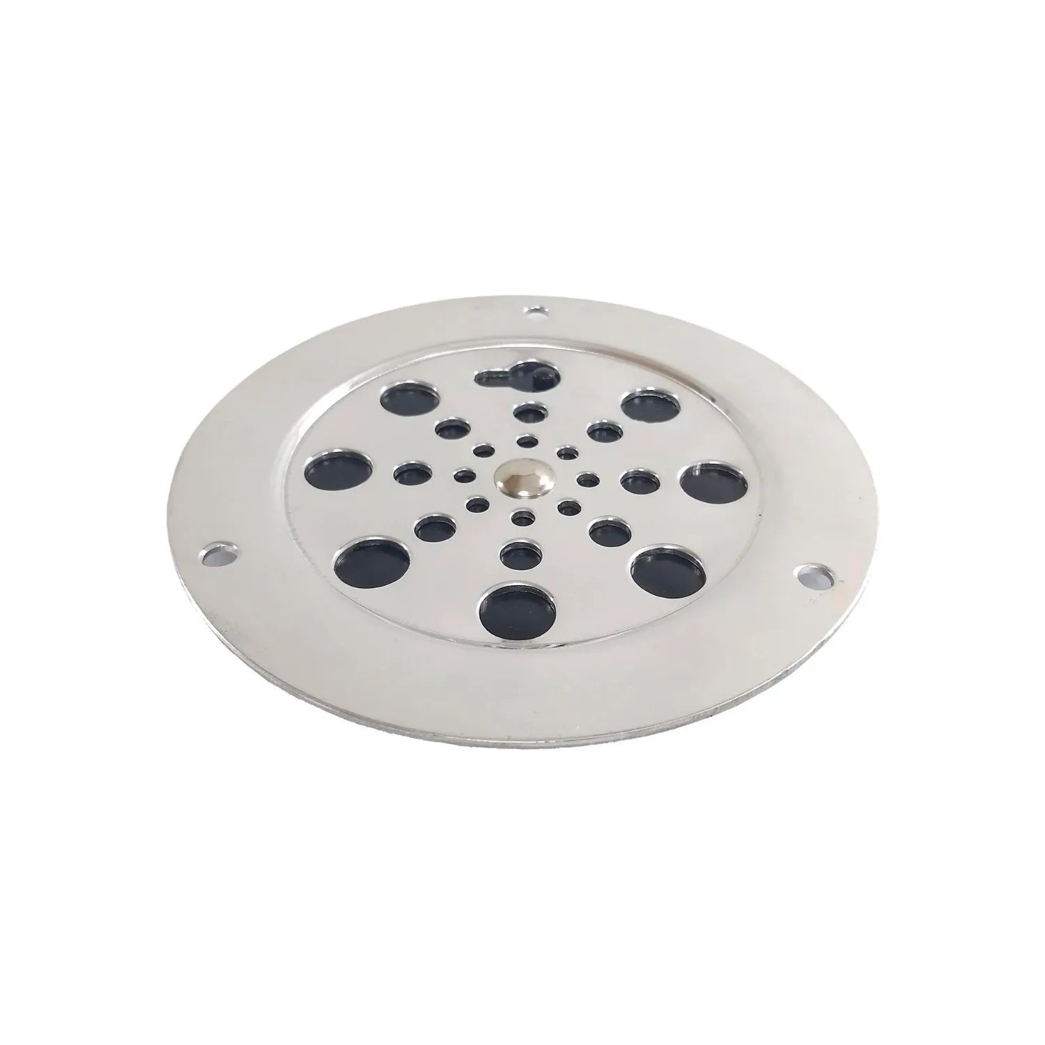 Rejilla de coladera de aluminio circular con orificios negros, acabado plateado brillante.