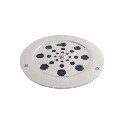 Rejilla de coladera de aluminio circular con orificios negros, acabado plateado brillante.