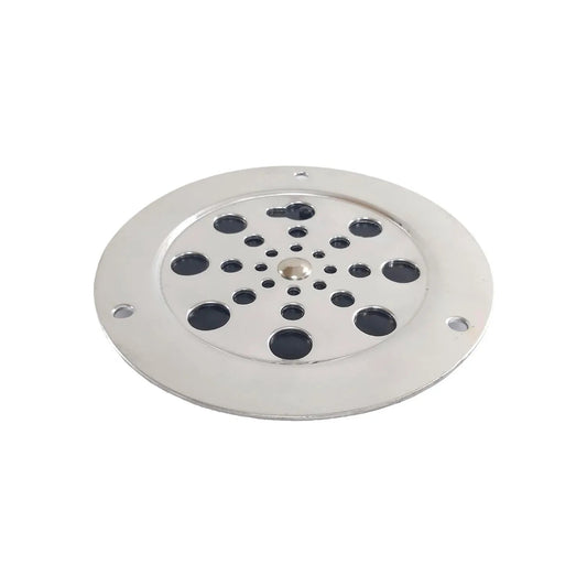 Rejilla de coladera de aluminio circular con orificios negros, acabado plateado brillante.
