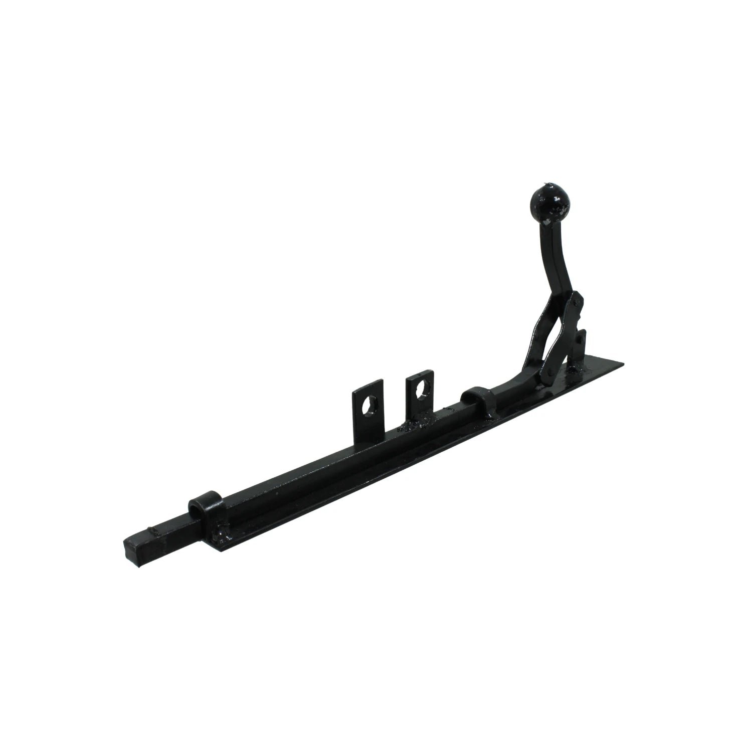 Pasador de piso colonial negro con perno deslizante y manija de bola, ideal para seguridad.