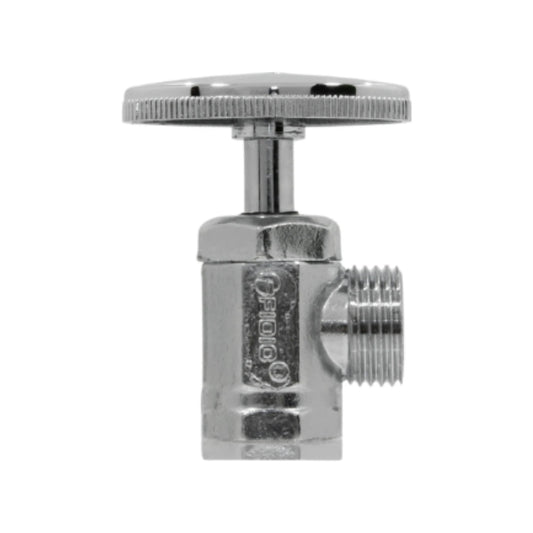 Llave angular de paso cromada FIOIO con rosca y perilla estriada para fontanería.