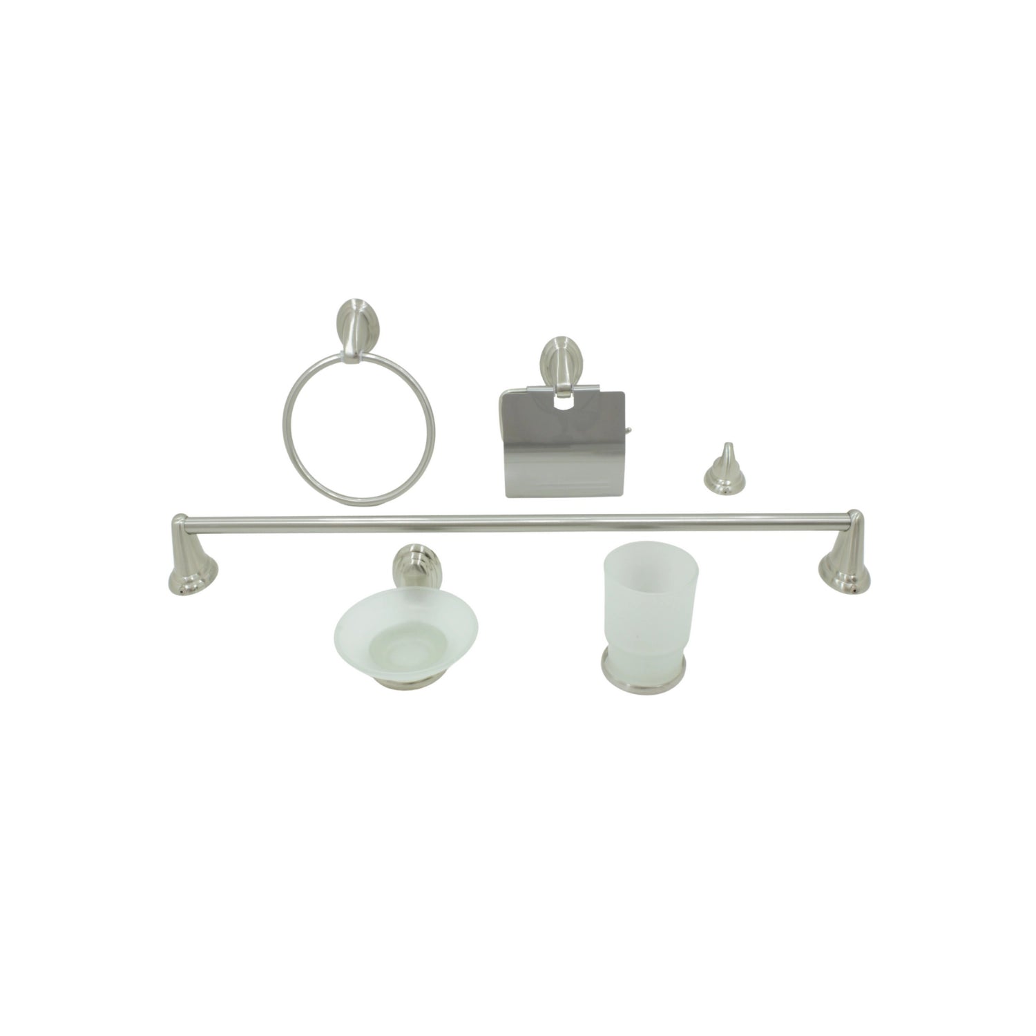 Juego de 6 accesorios de baño satinado: toallero, aro, porta rollo, jabonera, vaso y gancho