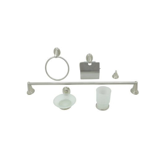 Juego de 6 accesorios de baño satinado: toallero, aro, porta rollo, jabonera, vaso y gancho
