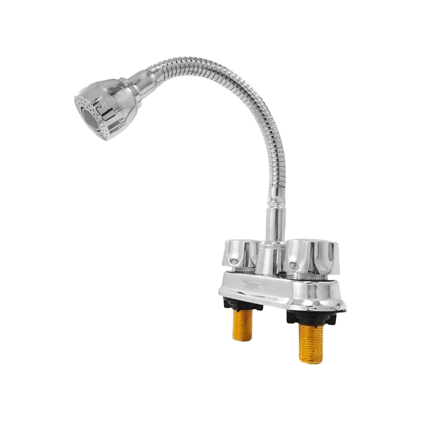 Mezcladora de lavabo cromada con cuello flexible, rociador y doble manija, instalación 4 pulgadas