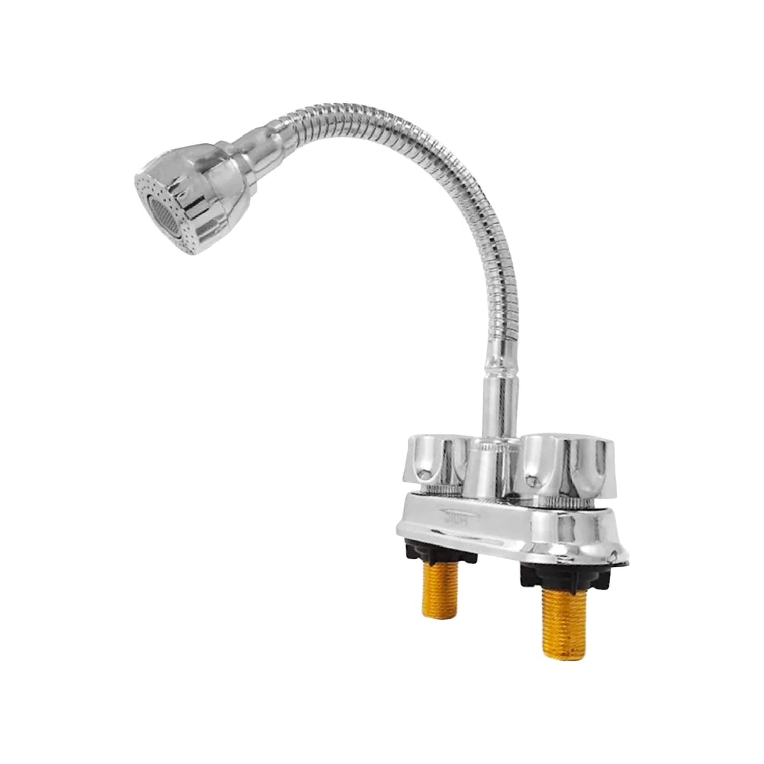 Mezcladora de lavabo cromada con cuello flexible, rociador y doble manija, instalación 4 pulgadas