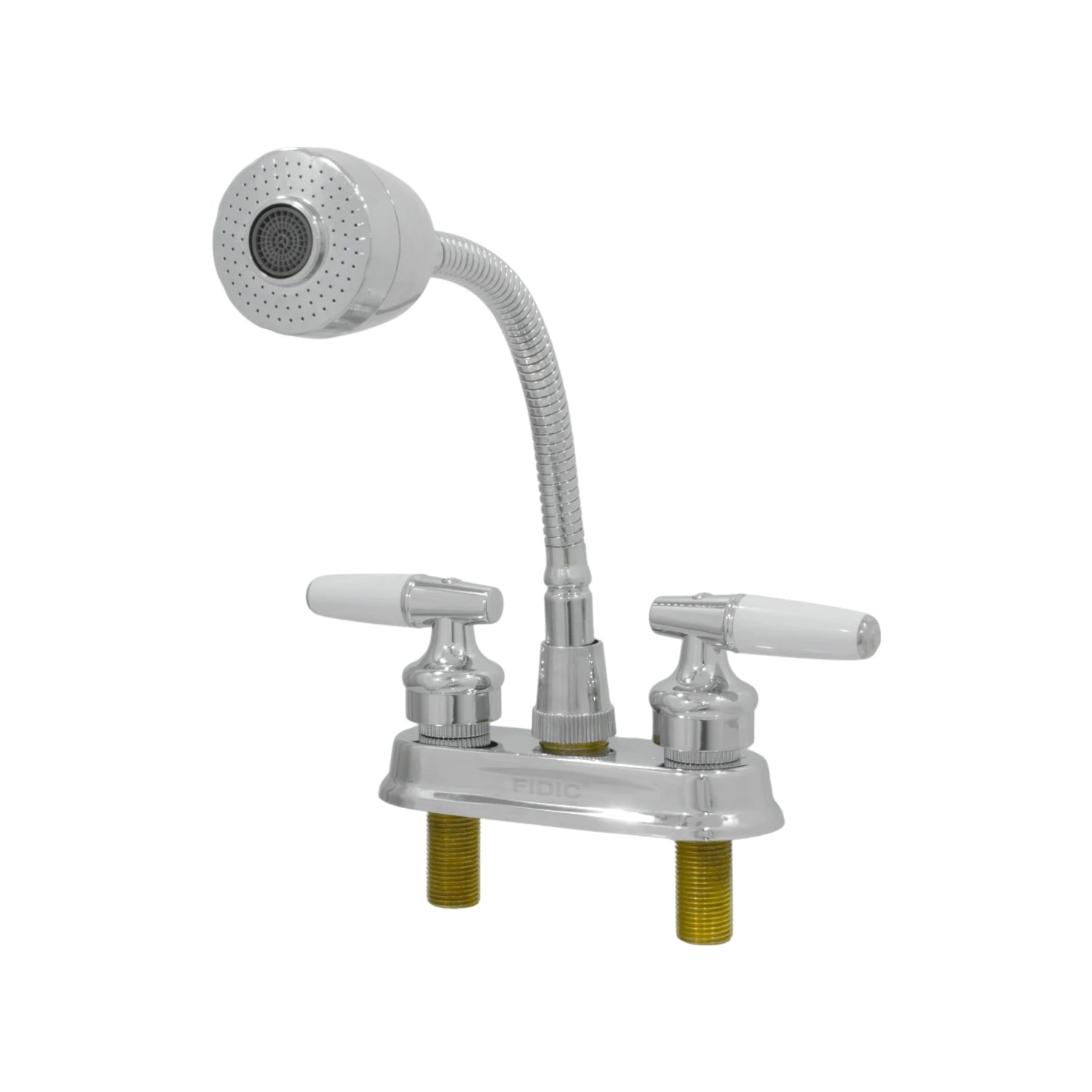 Mezcladora de lavabo Fidic 4" cromada, con cuello flexible, rociador y manerales blancos