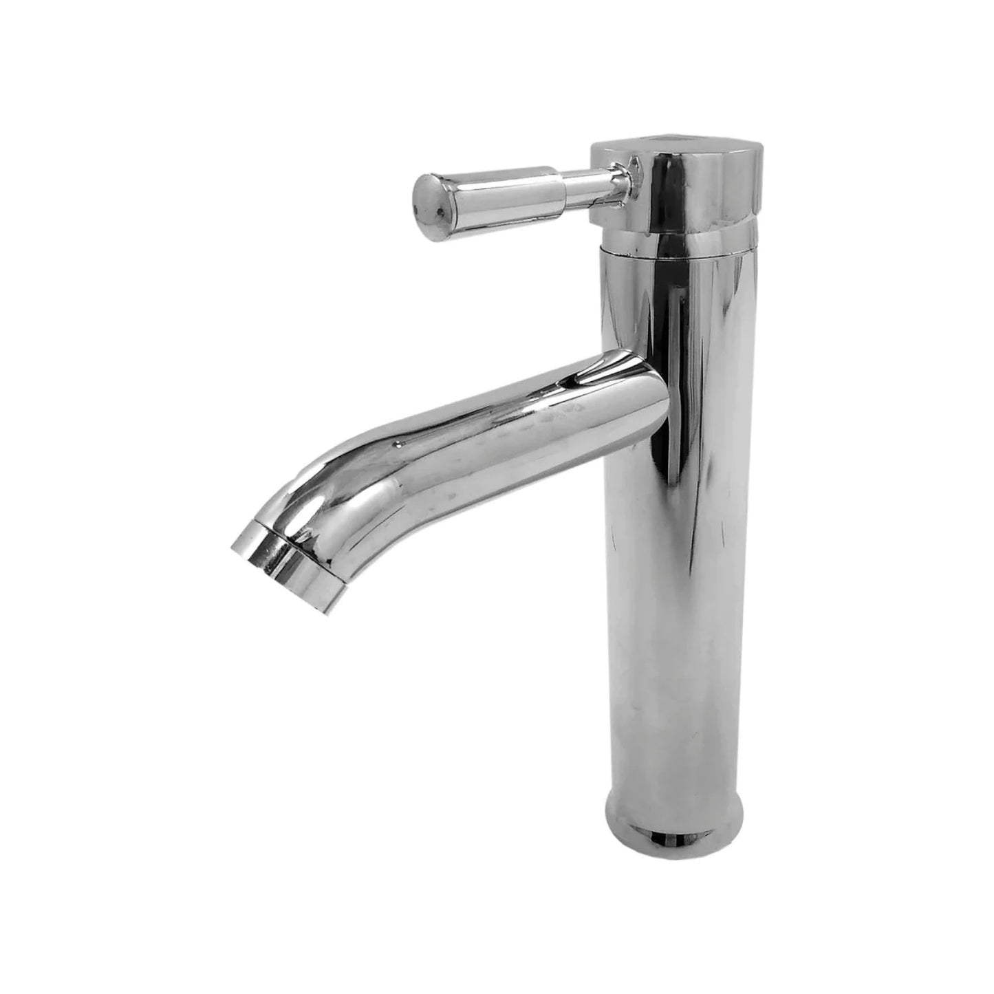 Grifo mezclador monomando para lavabo, acabado cromado brillante, diseño alto y moderno.