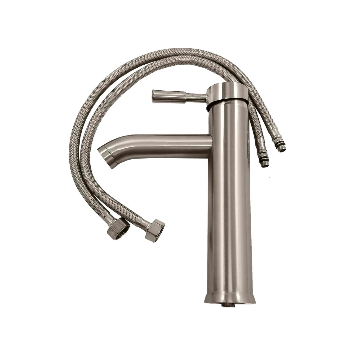 Mezcladora monomando alta para lavabo, acabado níquel cepillado con mangueras flexibles.