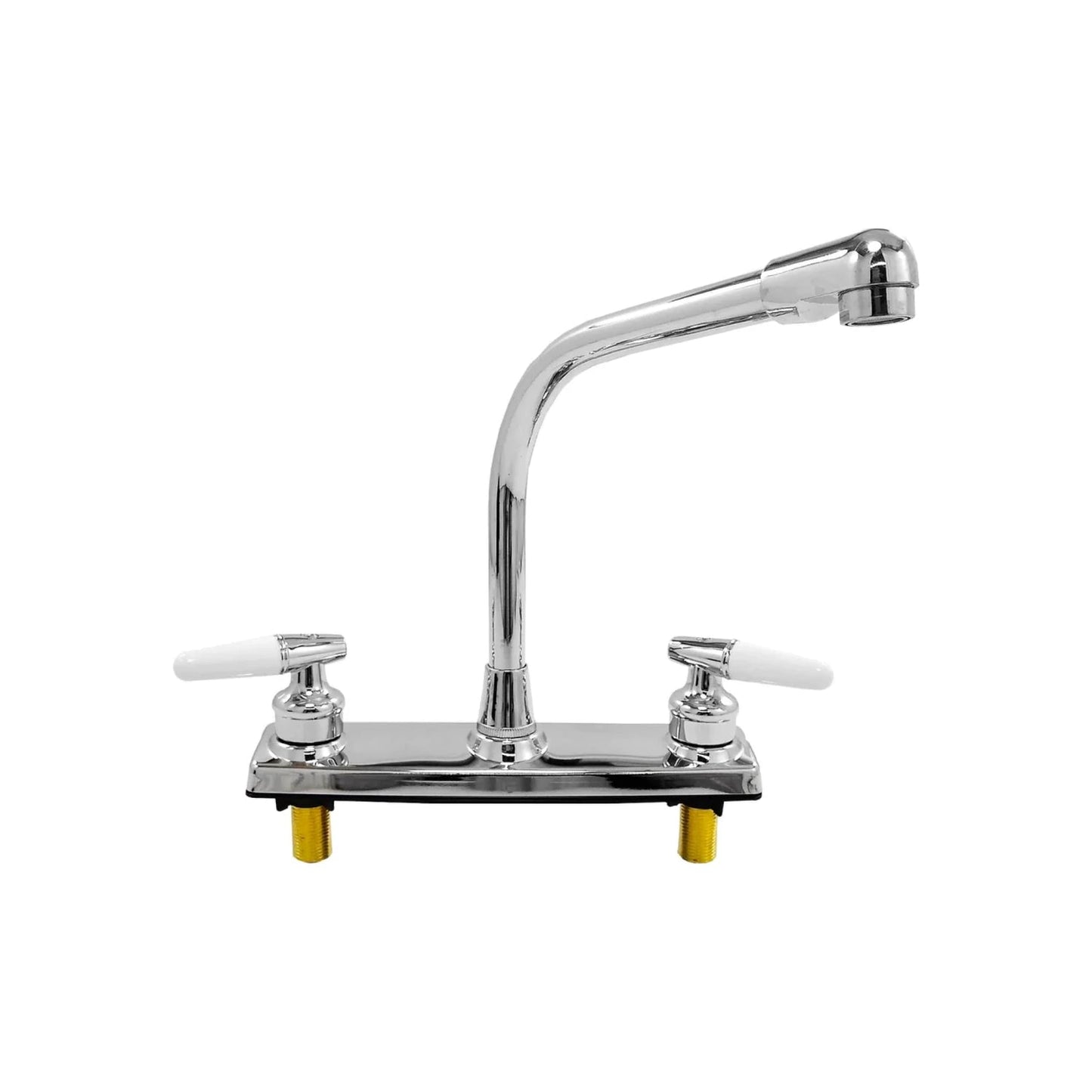 Mezcladora cromada para fregadero de cocina con cuello alto curvo y dos manijas blancas tipo palanca