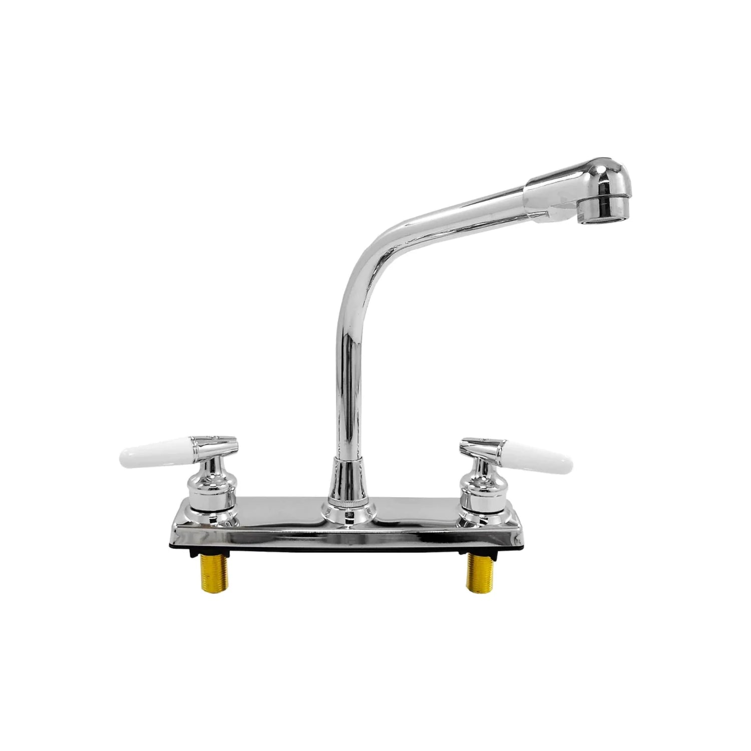 Mezcladora cromada para fregadero de cocina con cuello alto curvo y dos manijas blancas tipo palanca