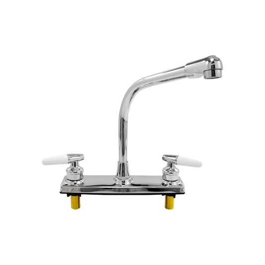 Mezcladora cromada para fregadero de cocina con cuello alto curvo y dos manijas blancas tipo palanca