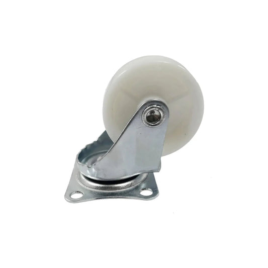 Rodaja giratoria blanca con rueda de plástico resistente y placa de montaje metálica. Caster para muebles y equipos ligeros.
