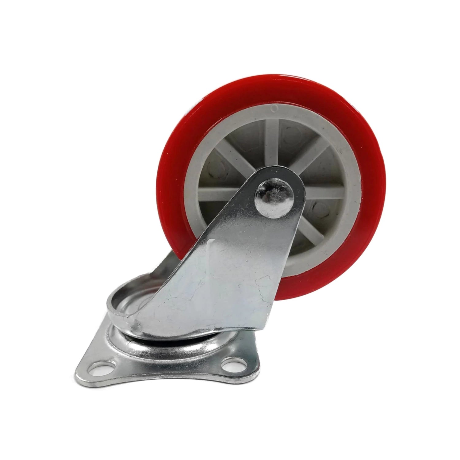 Rodaja giratoria con rueda roja de poliuretano y soporte de metal galvanizado.