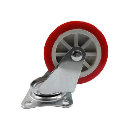 Rodaja giratoria con rueda roja de poliuretano y soporte de metal galvanizado.