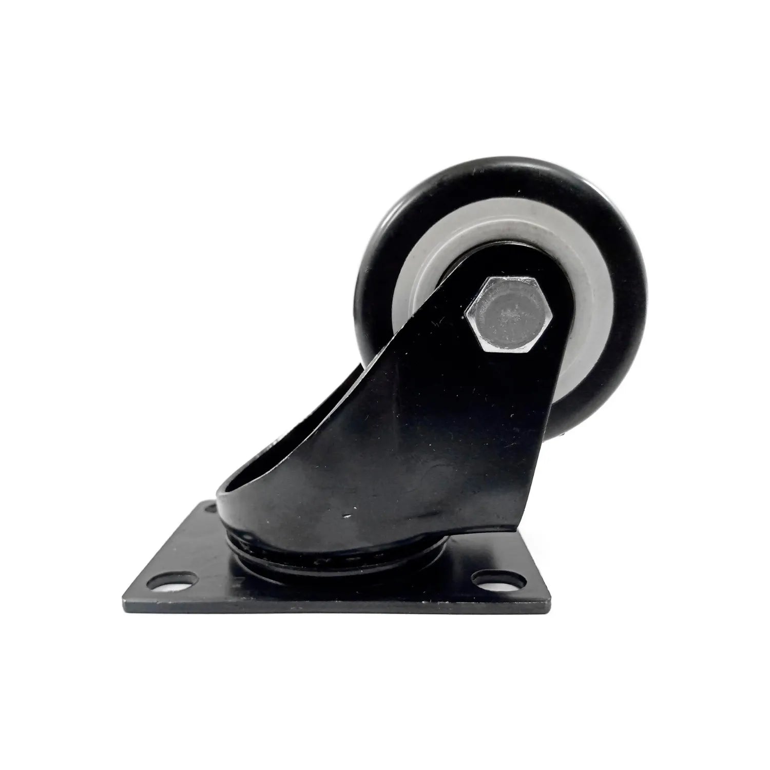Rodaja giratoria negra 1.5 pulgadas, ideal para muebles, carros y equipos móviles en ferretería.