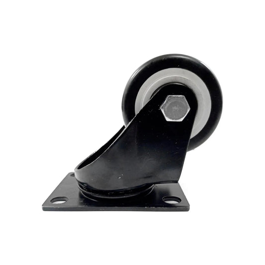 Rodaja giratoria negra 1.5 pulgadas, ideal para muebles, carros y equipos móviles en ferretería.
