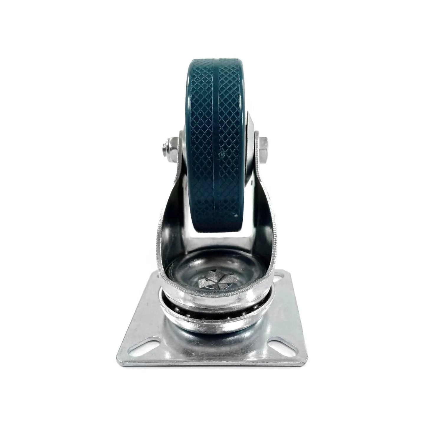 Rodaja giratoria de 2.5 pulgadas con rueda azul/verde texturizada y base metálica para mobiliario