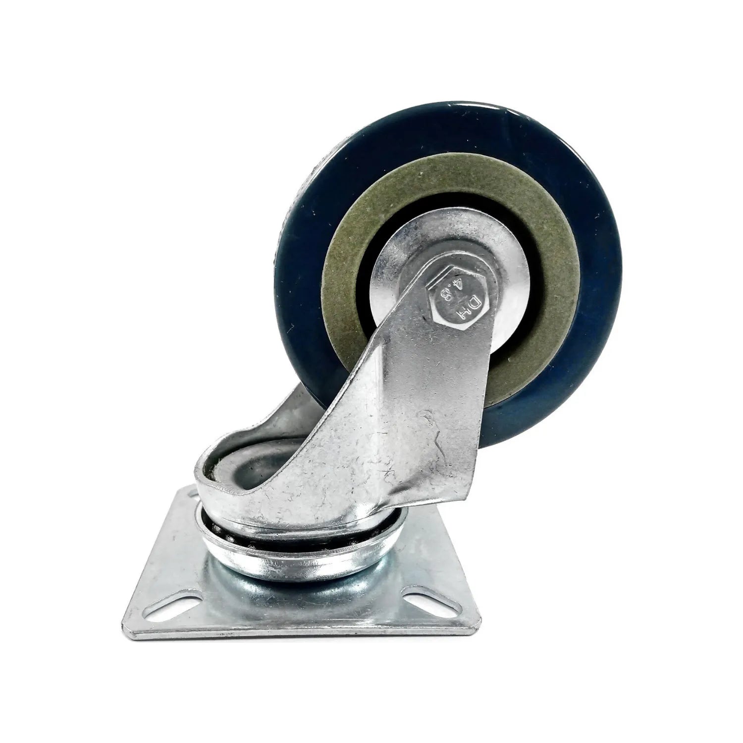 Rodaja giratoria 2.5" con rueda azul y verde, base metálica cuadrada para muebles, carros o equipos