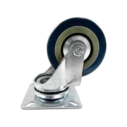 Rodaja giratoria 2.5" con rueda azul y verde, base metálica cuadrada para muebles, carros o equipos