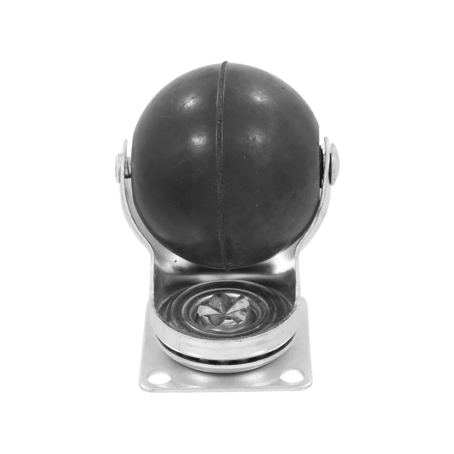 Rodaja esférica giratoria negra de goma con base de metal cromado para muebles y equipo.