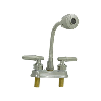 Mezcladora de lavabo con cuello flexible tipo manguera y rociador, 2 manijas de palanca, acabado níquel cepillado.