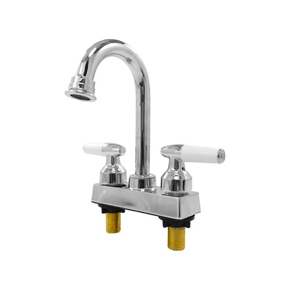 Mezcladora de lavabo cromada de 4 pulgadas con dos manijas blancas y caño curvo