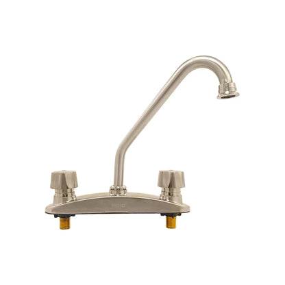 Mezcladora para fregadero de cocina FIDIC de 2 manijas con cuello de ganso, acabado níquel cepillado.