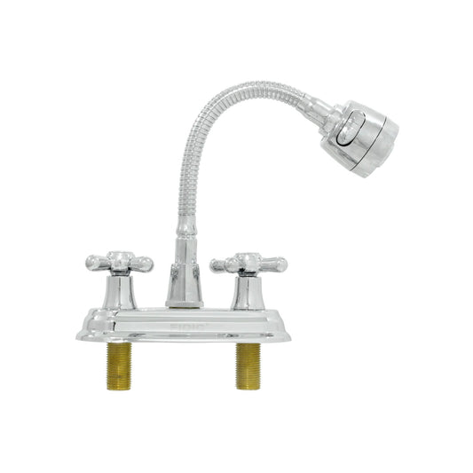 Mezcladora de lavabo Fidic cromada con cuello flexible, rociador y dos manijas cruz, instalación 4 pulgadas.