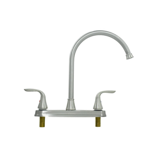 Mezcladora para fregadero 8" FIDIC, cuello alto, dos manijas, acabado níquel cepillado