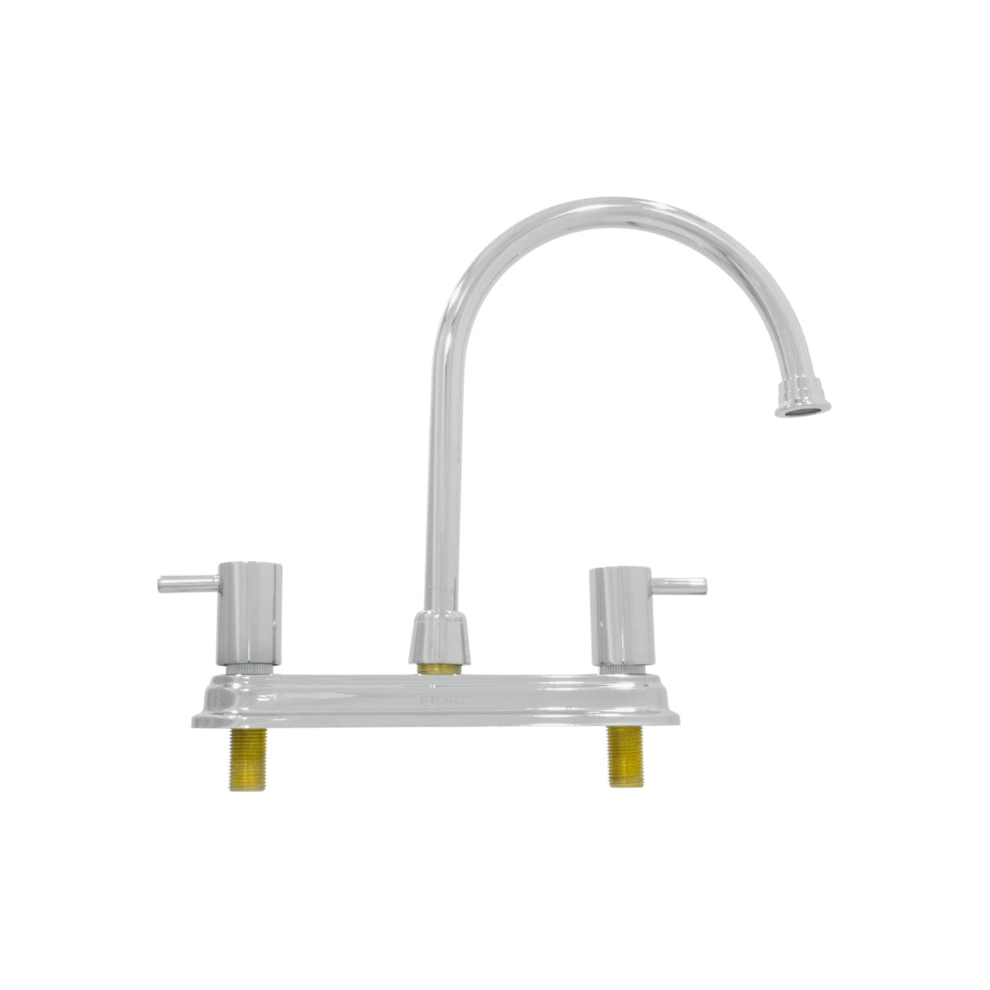 Mezcladora de fregadero cromada, grifo de cocina con cuello de ganso y dos manijas de palanca.