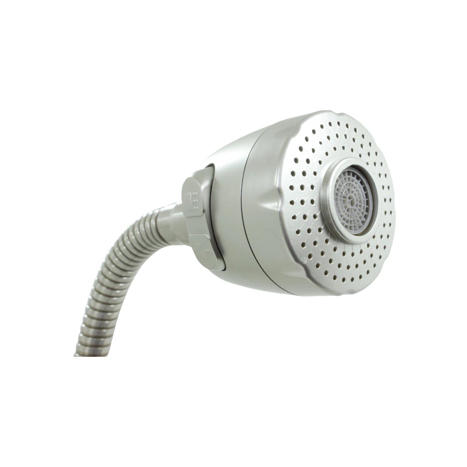 Cabezal rociador de fregadero plateado con manguera flexible, múltiples orificios y selector de patrones de chorro