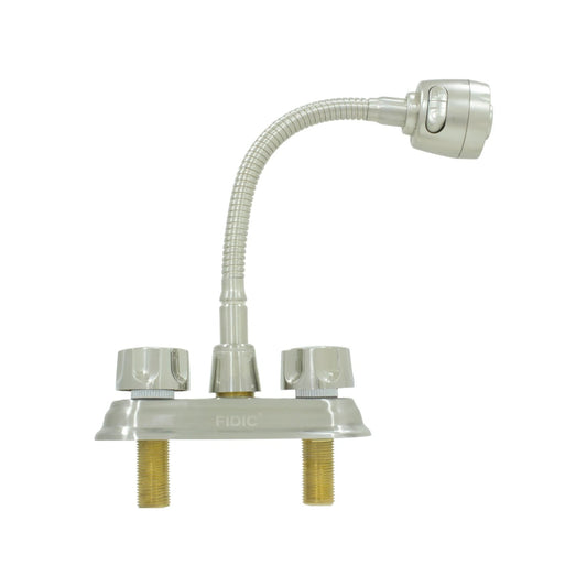 Mezcladora de lavabo Fidic 4" con dos manerales, cuello flexible y rociador, acabado níquel cepillado.