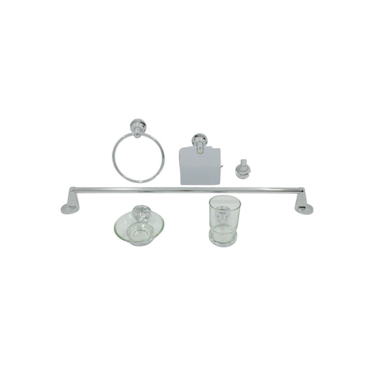Juego de 6 accesorios de baño cromados: toallero, barra, porta rollo, gancho, jabonera y vaso de vidrio.