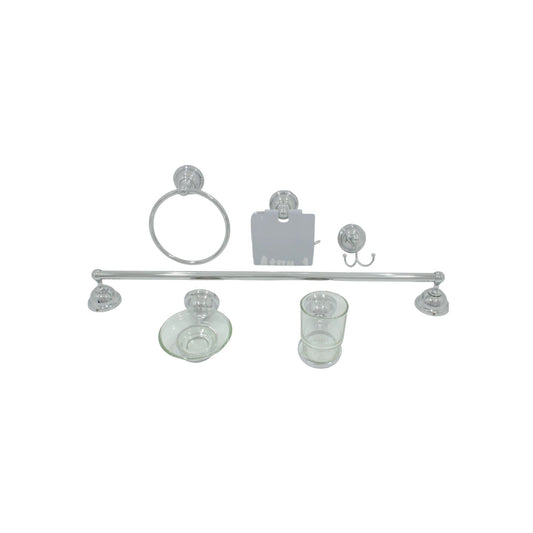 Juego de accesorios de baño cromado 6 piezas: toallero, portarrollos, gancho, barra de toalla, jabonera y vaso.