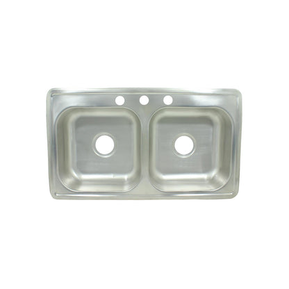 Tarja doble de cocina en acero inoxidable brillante, dos tinas, 3 orificios para grifería, de sobreponer.