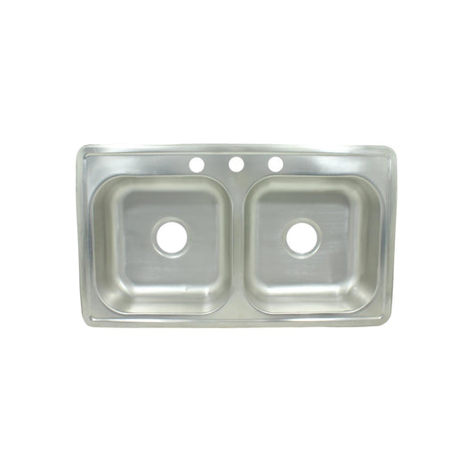 Tarja doble de cocina en acero inoxidable brillante, dos tinas, 3 orificios para grifería, de sobreponer.