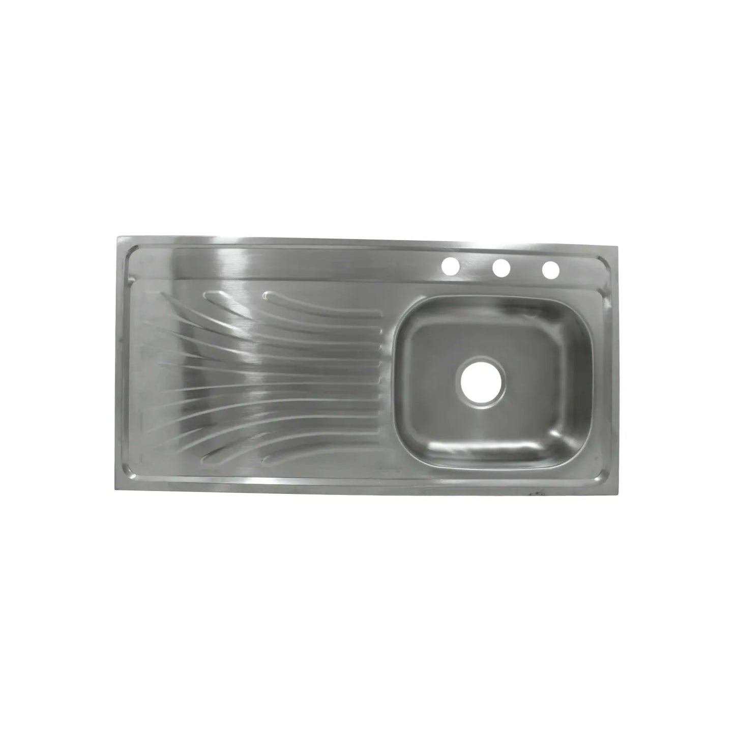 Fregadero de cocina de acero inoxidable con escurridor a la izquierda y 3 perforaciones para grifo