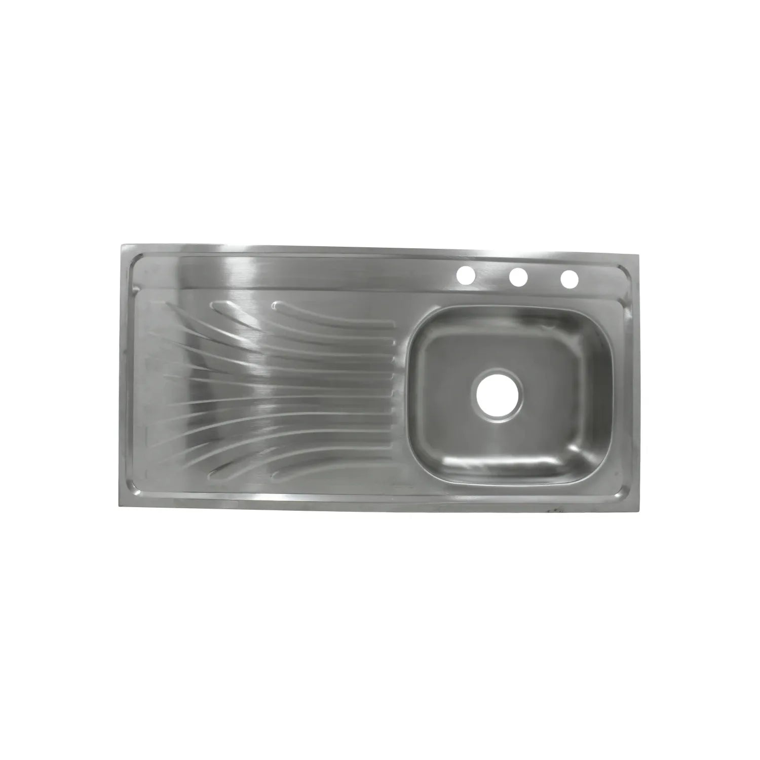 Fregadero de cocina de acero inoxidable con escurridor a la izquierda y 3 perforaciones para grifo